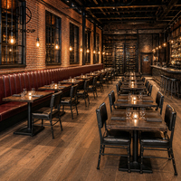 Ensemble de meubles de restaurant Ron Group Vintage : table carrée en bois, chaise rembourrée, banquette en cuir à dossier haut