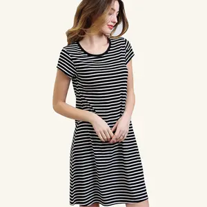 Best Sale Skin Friendly 95% Bamboo Fiber 5% Spandex Stripe Women's Home Dress Sleeping Dress Loungewear