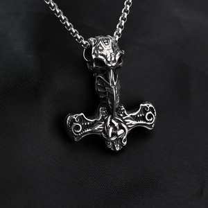 Men's Stainless Steel Viking Thor Hammer Pendant Necklace Retro <b>Cross</b> Design Asymmetry Geometric Jewelry For Clothing Matching - Product Image 4