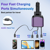 Alliage d'aluminium avec 2 câbles rétractables 60w Chargement rapide 4 en 1 Chargeur de voiture pour Type C et iPhone