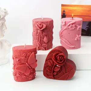 Z085爱心玫瑰圆柱状肥皂蜡烛硅胶模具情人节巧克力蛋糕烘焙模具