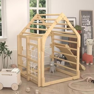 Wooden House Shaped Climbing <b>Frame</b> Solid Wood Childrens Slide Indoor <b>Play</b> Structure For Kids Unisex Natural Color - Product Image 3