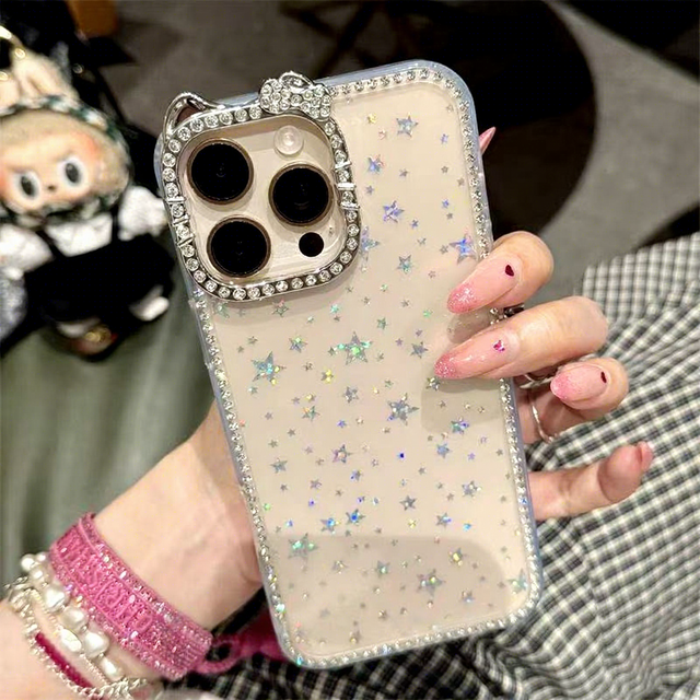 New Fashion Laser Full Screen Star Phone case for iphone 17 16 15 14 13 Pro Max With Flash Diamond Border Shockproof Back Cover