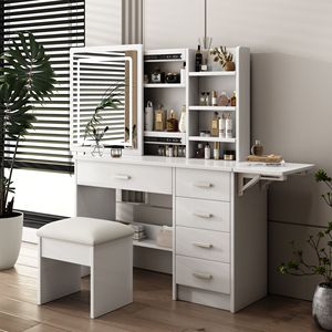 Coiffeuse DB Fashion avec miroir LED, étagères ouvertes, ensemble table et chaise, mobilier de chambre moderne - Product Image 3