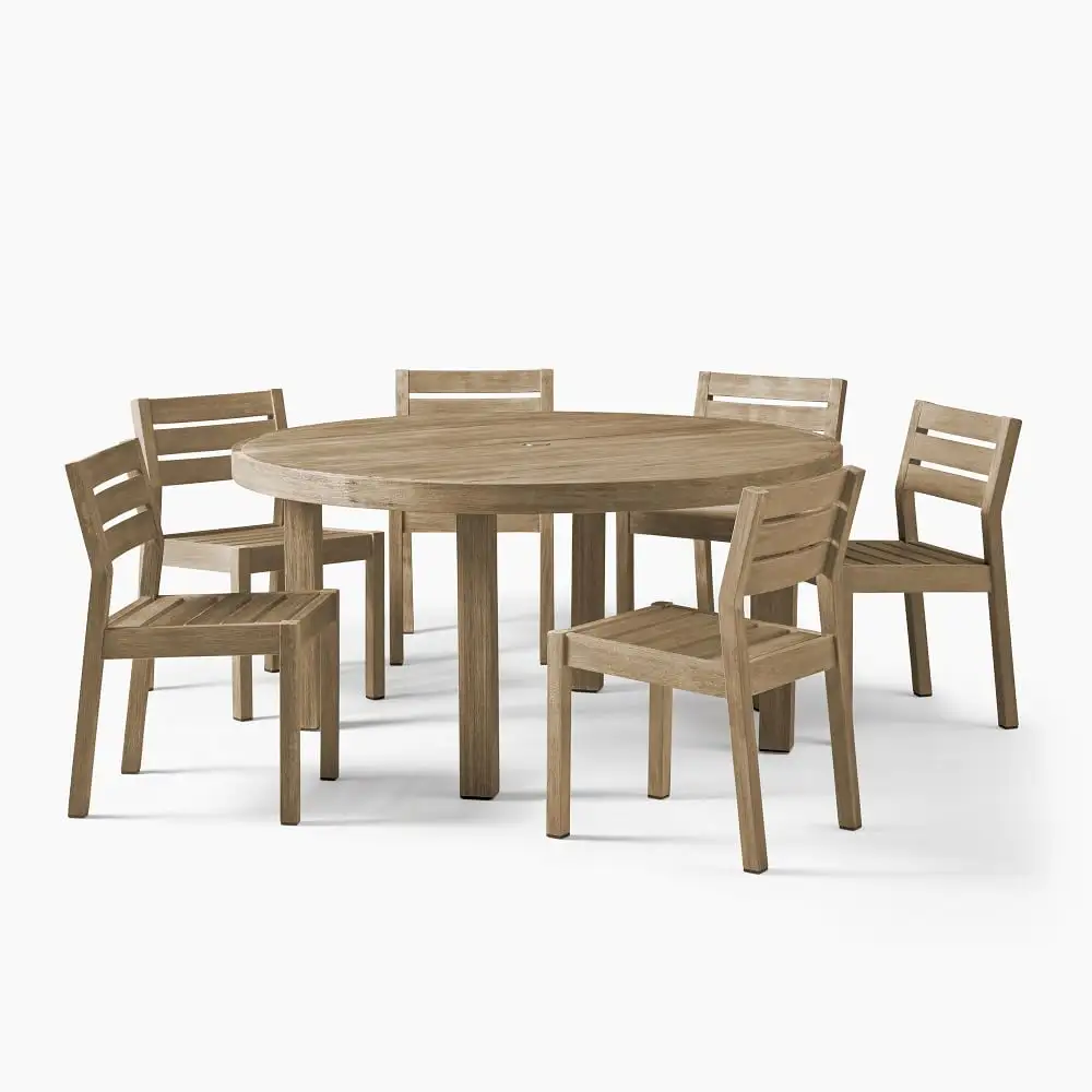 Mobiliário exterior americano, cadeiras de madeira sólida de teak mesa redonda jardim conjunto de jantar com buraco guarda-chuva