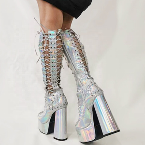 Silver Patent Western Hollow-out Sexy <b>Boots</b> Short Knee-High Women Shoes Cross Strap Platform Thick Heels Lace-up Big Size 47 - Product Image 4