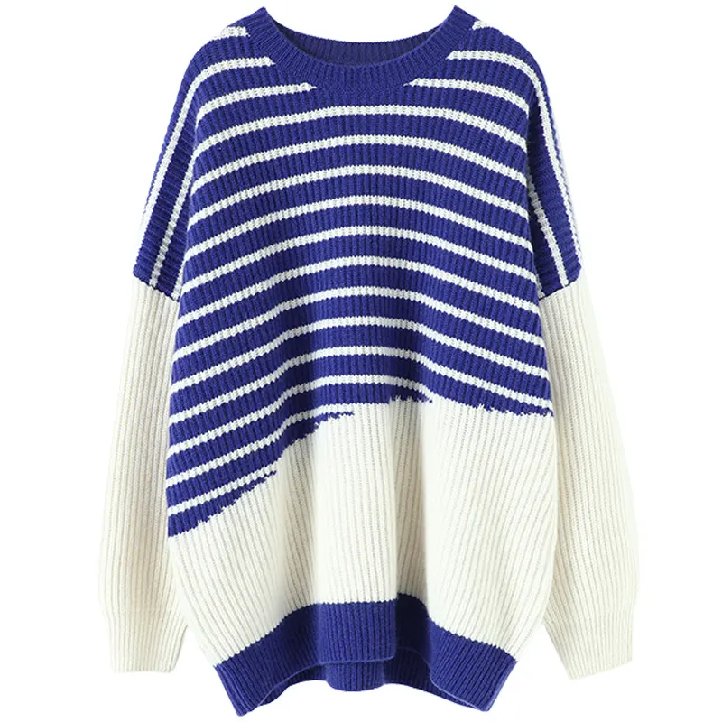 Guoou design Blue and purple thick striped O-neck pullover women cashmere sweater sweater for women new loose