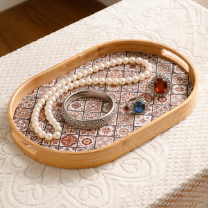 Ensemble de plateaux de service en bambou avec motif de carreaux floraux pour la maison, les collations, le thé, les fruits et le rangement - Product Image 2