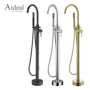 Brass Double Functional Bathroom Floor Shower Faucet Matte Black Brass Freestanding Bathtub Faucet
