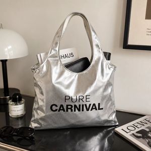 Large Capacity Metallic <b>Silver</b> PU Tote Bag Women Fashion Shoulder <b>Handbag</b> Reusable Shopping Bag Custom Logo OEM ODM - Product Image 1