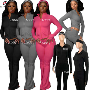 Nuovo Completo Sportivo <span class=keywords><strong>da</strong></span> <span class=keywords><strong>Donna</strong></span> 3 Pezzi con Logo Personalizzato, Top Invernale, Pantaloni a Zampa con Vita Pieghettata, Fascia per Capelli, Tuta <span class=keywords><strong>da</strong></span> Yoga e Palestra - Product Image 1