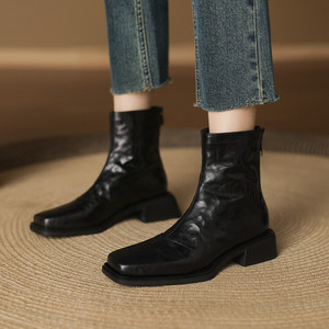 Botas Clásicas de Cuero con Punta Cuadrada, Impermeables, de Color Sólido, Estilo Retro, con Tacón Cuadrado y Cremallera Trasera - Product Image 6