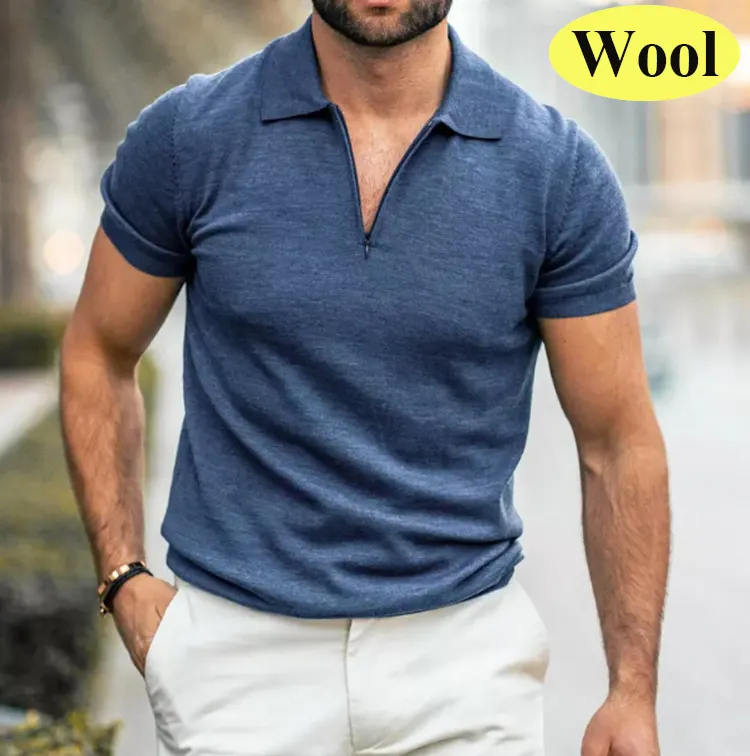 OEM/ODM Fashion Mens Sports Zipper Polo T-shirts Custom Men's Knitted Golf Merino Wool Polo T-Shirts