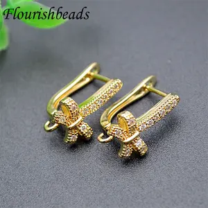 Trendy Design Real 18K Gold Plated Color Remain CZ Beads Paved Bow Knot Shape Diy French Earring Hooks