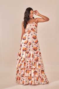 Robe longue à volants à imprimé floral ivoire, robes décontractées pour femmes, avec tissu léger, silhouette fluide, coupe confortable - Product Image 4