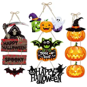 Halloween ornamen kayu labu hantu trik atau memperlakukan liontin Pesta Halloween dekorasi rumah pintu gantung mainan anak-anak