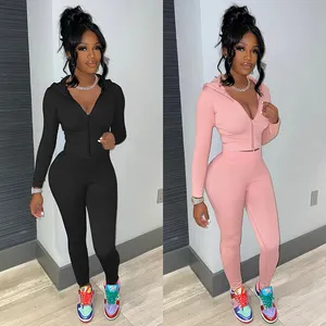 Kliou K23S37386 Fall clothing casual women zipper two piece outfits hooded sweat suit jogger tracksuit set