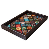 Plateau de rangement en bois à imprimé bohème, plateau décoratif rectangulaire en bois avec motif mandala et doublure en PU, plateau de présentation pour bijoux et thé sur table