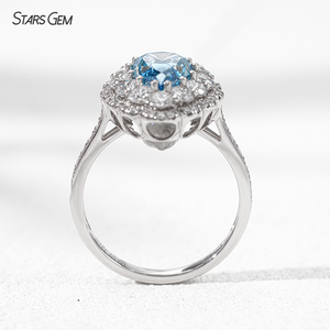 แหวนเพชรแล็บ 18k ทองคำขาว รูปทรงลูกแพร์ สีฟ้า แหวนหมั้นเพชรแล็บ - Product Image 6