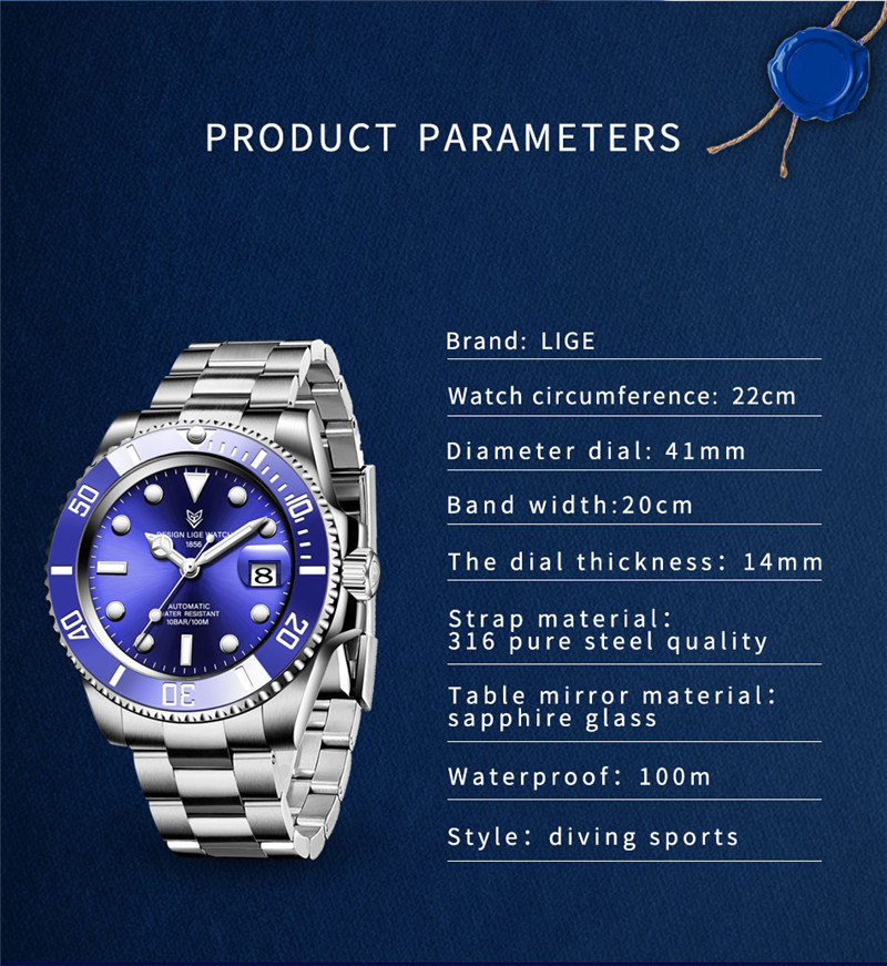 Top Brand LIGE Men Watches Luxury Sapphire Waterproof Automatic Mechanical Watch Fashion Business Full Stainless Steel Clock