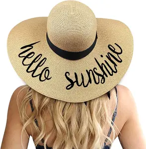 Cappello di paglia con logo ricamato floscio da donna estivo da spiaggia a tesa larga personalizzato