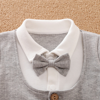 Combinaison décontractée grise à manches longues rayée et contrastante avec poches boutonnées et nœud, personnalisable pour nouveau-né, style simple et tendance