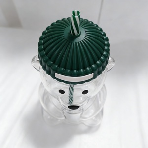 Gobelet en verre en forme d'ours avec couvercle en tricot vert et paille rayée – <span class=keywords><strong>Tasse</strong></span> créative en verre transparent motif ours de dessin animé - Product Image 3