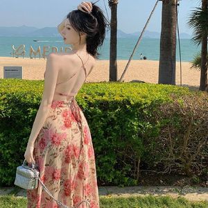 French Style Floral Chiffon Dress High Waisted Halter Neck Backless Slit Vacation Beach Cover Up - Product Image 4
