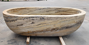 Baignoires ovales modernes de luxe sur mesure, en travertin gris argenté de Perse/Iran, autoportantes, pour salle de bain, style Vila - Product Image 4