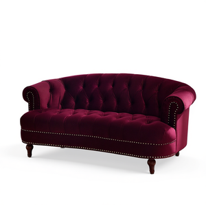 Sofá de Dos Plazas Chesterfield Victoriano La Rosa, Tapizado en Terciopelo Borgoña, con Mechones, para Sala de Estar - Product Image 1