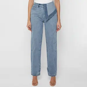 Groothandel Dames Mode Broek Rechte Been Custom Design Half Foldover Vrouwen Denim Gewassen Mom Jeans