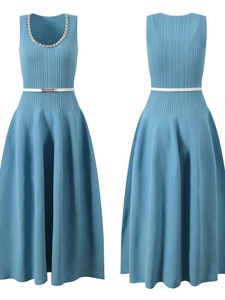 A11230 Abito Midi <span class=keywords><strong>Blu</strong></span> Senza Maniche in <span class=keywords><strong>Maglia</strong></span> da Donna 2-in-1 con Collana di Perle/Stile Basic con Cintura Elegante Casual per Feste - Product Image 1