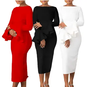D3258 Trendy Winter Career Dresses Solid Color Wrap Hip Flare Sleeve Ladies Office Dresses Women Formal Work Elegant African Dre