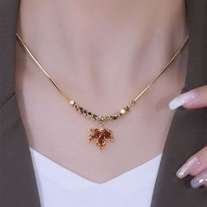 Red Maple Leaf Titanium Steel Necklace Women Crystal Rhinestone Claw Setting Clavicle Chain Everyday Wear - Product Image 4
