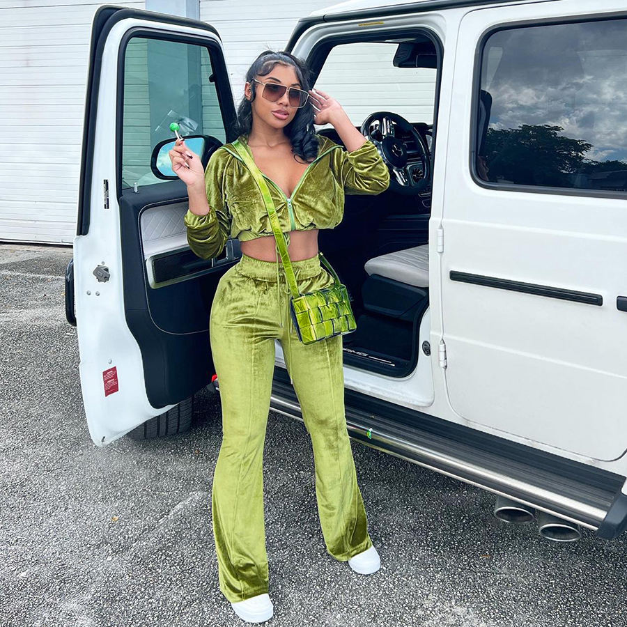 22995 Winter Clothes For Women Velour Fabric Flare Pant 2 Piece Outfit Streetwear Casual Breathable Jogger Zip Women Sets 