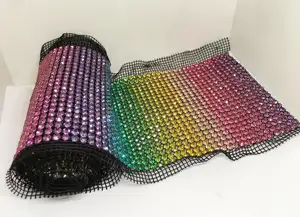 Square Crystal Diamond Mesh Fabric 24 Rows SS16 Crystal Glass Rainbow Black Mesh Fabric Fixed On Clothes