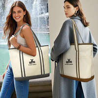 Tas Tote Kanvas Custom Logo Desain Bahu Besar untuk Wanita dengan Banyak Kantong Luar, Ritsleting, dan Gesper Magnetik