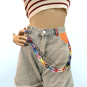 Cadena de cintura de resina arcoíris Yueli, cadena de cintura de metal de doble capa, estilo punk hip hop, cadena corporal unisex de moda, material de aleación de zinc. - Product Image 2