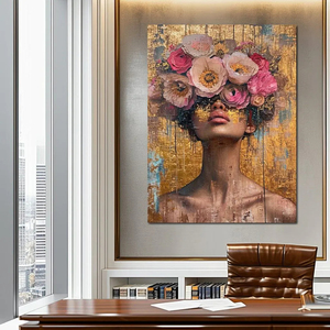 Pétales dorés, cheveux floraux, portrait abstrait, décoration élégante, <span class=keywords><strong>art</strong></span> féminin texturé, toile rose dorée, décoration intérieure de la maison - Product Image 4