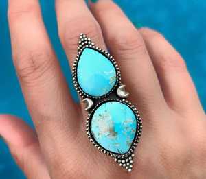 Unisex Sterling Silver <b>Turquoise</b> Pear Brilliant Cut Gemstone <b>Ring</b> Bezel Setting Natural Stone IGI Certified for Wedding or Party - Product Image 1