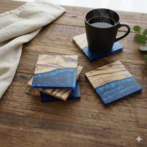 ANURAG HANDICRAFT Modern Decorative Wooden <b>Coasters</b> <b>Blue</b> Epoxy Resin River Design Handmade Natural Wood Grain Drink <b>Coaster</b> Set - Product Image 5