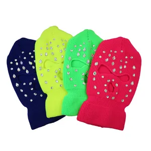 High Quality Handmade Knitted Designer Crystal Ski Mask 3 Hole Bling Bling Balaclava With Full Rhinestone For Adults