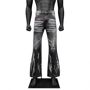 Jean évasé vintage pour homme avec logo sur le devant, denim délavé, taille mi-haute, style streetwear décontracté, motif rayé, tissu en coton, été-automne - Product Image 1