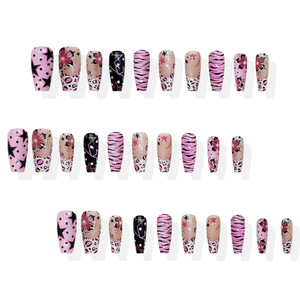 30 Uñas Postizas Acrílicas Cuadradas Medianas, Decoradas con Perlas 3D, Diseño Y2K de Estrella de Cinco Puntas, Rayas de Zebra y Flores, Acabado Brillante - Product Image 3