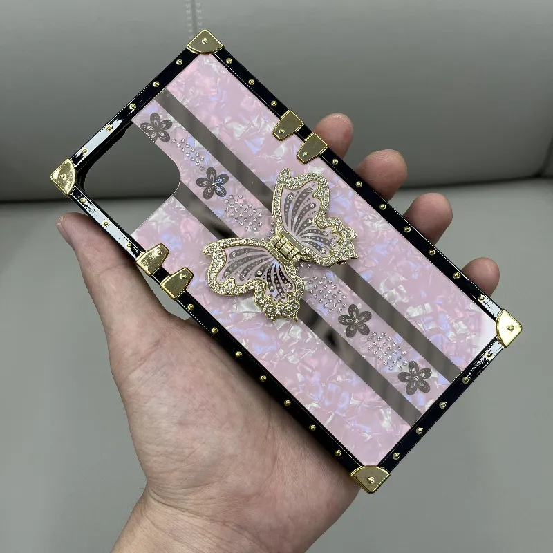 for girls 2024 square metal butterfly shiny kickstand holder pretty 3d pc acrylic nfc anti radiation mobile phone cases