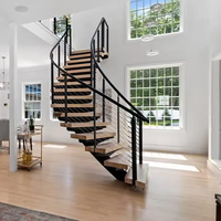 Escalier Courbé au Design Moderne en Acier Inoxydable et Bois avec Garde-Corps en Verre Trempé et Éclairage LED pour Maison, Bureau et Utilisation Intérieure