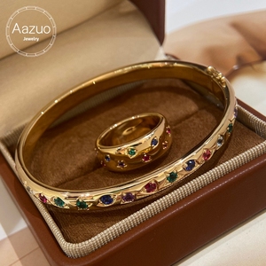 Aazuo-Joyería Vintage con zafiros cultivados en laboratorio, conjunto de joyería de lujo de oro amarillo macizo de 18K, anillo y brazalete, regalo para mujer, alta calidad - Product Image 1