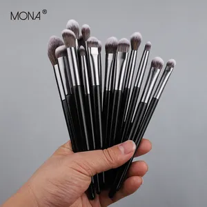 Mona Low MOQ kustom Logo ukiran kualitas tinggi kuas rias grosir 17 buah gagang kayu eboni kuas kontur Set Makeup