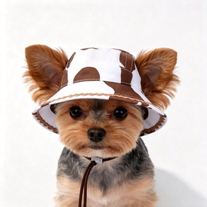 Cow <b>Print</b> 3D Embroidery Pet Bucket Hat Adjustable Chin Strap UV Sun Protection Small Dog Puppy Outdoor Accessory - Product Image 1