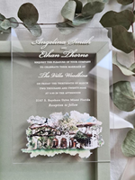 Boîte d'invitation en velours pour mariage à destination, invitation en acrylique avec lieu personnalisé en aquarelle et monogramme/logo de mariage